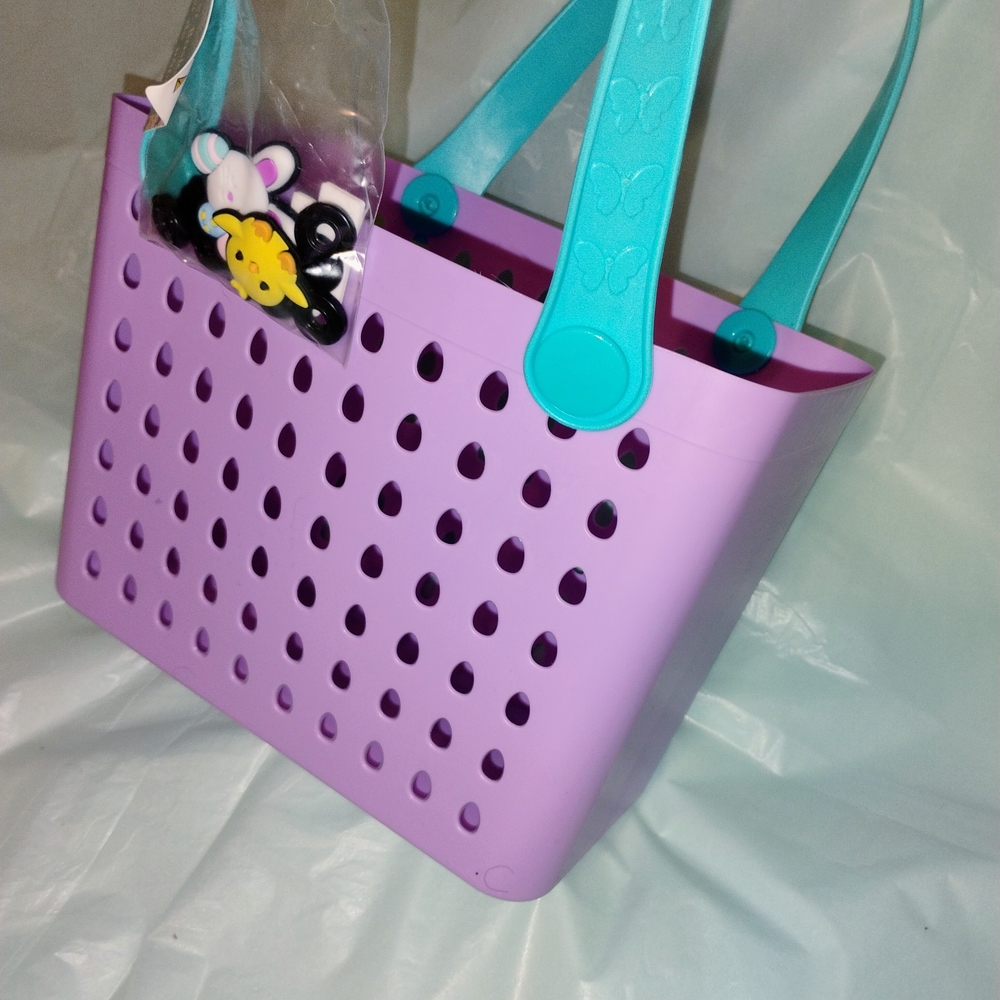 Purple Tote Bag with Teal Handles - Casual Women’s Beach Bag